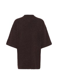 Pull en maille marron foncé à manches courtes avec col rond, vu de dos sur fond blanc.