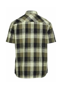 Korte mouw shirt in groen, zwart en crèmekleurig geruit patroon. Heeft een button-down kraag en een gebogen zoom. Zachte, textuurstof.