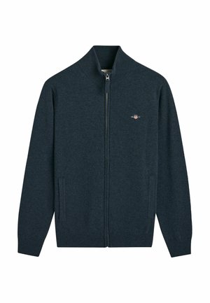 Dunkelblaues Zip-Hoodie mit geripptem Kragen, Bündchen und Saum, versehen mit einem kleinen gestickten GANT-Logo auf der linken Brust.