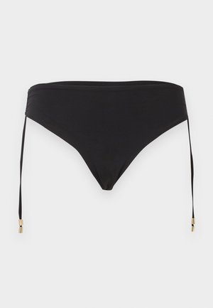 Schwarzer Bikinihose mit seitlichen Bindebändern und goldfarbenen Metallakzenten, flach auf hellem Hintergrund dargestellt.