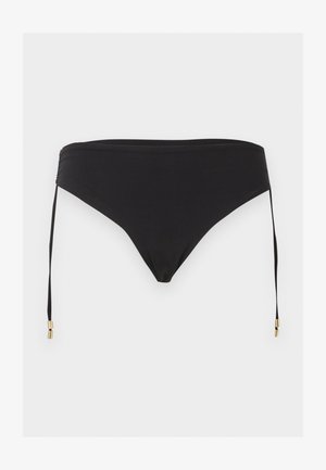 Schwarzer Bikinihose mit seitlichen Bindebändern und goldfarbenen Metallakzenten, flach auf hellem Hintergrund dargestellt.