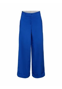 Pantalon bleu à jambes larges avec ourlets retroussés et passants de ceinture, présenté sur fond blanc.