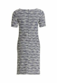 Robe en maille gris et marine, présentant un motif texturé, des manches courtes et une fermeture éclair au dos. Longueur genou, coupe ajustée.