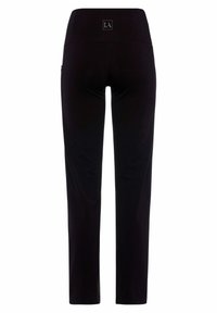 Black athletic pants featuring a smooth, stretchy fabric, a high waistband with a logo, and a straight leg design without pockets.