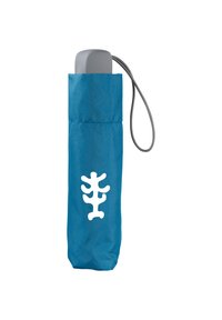 Blue fabric pouch with a white tree graphic; features a gray lid and a gray strap, designed for carrying a bottle or similar item.