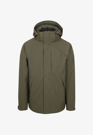 Olive green waterproof jacket with a hood, featuring front snap buttons, two large front pockets, and a smooth, matte texture.