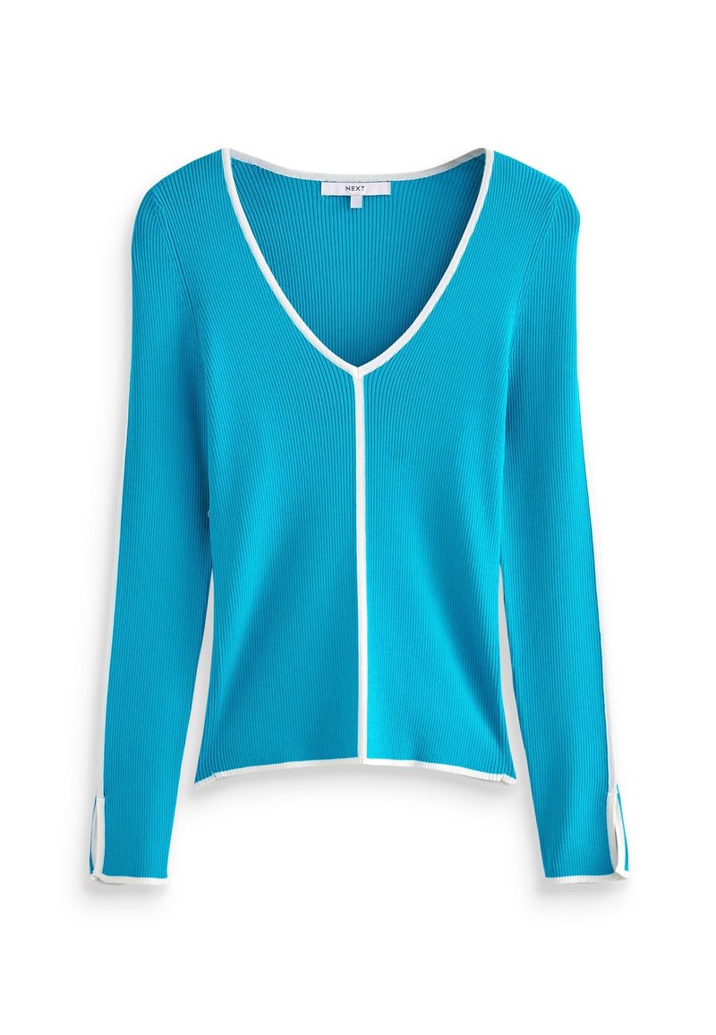 Turquoise geribbelde lange mouwen cardigan met een V-hals, voorzien van witte bies langs de halslijn en manchetten. Glad textuur en getailleerd ontwerp.