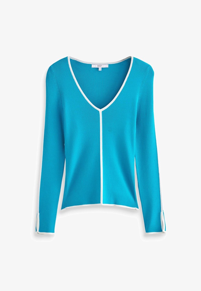 Türkise, gerippte Langarm-Cardigan mit V-Ausschnitt, ausgestattet mit weißen Besätzen entlang des Ausschnitts und der Ärmelbündchen. Glatte Textur und taillierte Passform.