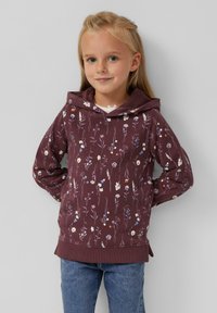 Mauve hoodie met bloemenpatroon, trekkoordcapuchon en ribgebreide manchetten. In combinatie met blauwe jeans heeft het een ontspannen pasvorm en een zachte textuur.