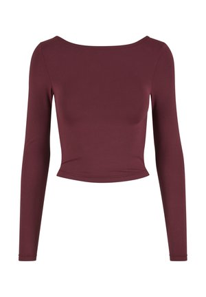 Burgundijas krāsas garu piedurknju īss tops, izgatavots no elastīga materiāla ar plašu kakla izgriezumu, gludu tekstūru un pieguļošu siluetu.