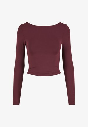 Burgundia pikka varrukatega lühike topp, mis on valmistatud venivast materjalist, laia kaelusega, sileda tekstuuri ja sobiva siluetiga.