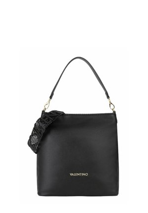 Sac à main en cuir noir Valentino avec poignée courte et détail de sangle en dentelle noire décorative, logo doré centré en bas à l'avant.