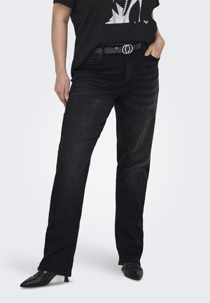Sorte denim straight-leg jeans med et klassisk fem-lommer design, parret med et sort bælte med en dobbelt cirkulær spænde.