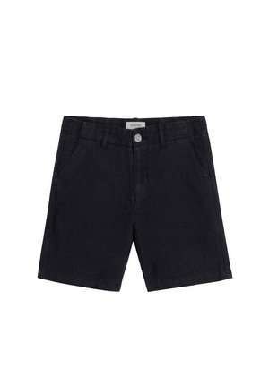 Pantalones cortos negros hasta la rodilla con cierre de botón y cremallera, trabillas para cinturón y bolsillos laterales, mostrados sobre un fondo blanco liso.