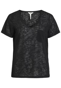 T-shirt noir à col en V avec des manches courtes, texture semi-transparente, détail de poche avant et coupe décontractée. Tissu lisse avec un motif subtil.