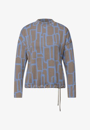 Sweatshirt med høj hals, med et blåt geometrisk mønster på en taupe baggrund, elastisk kant med justerbar snøre.