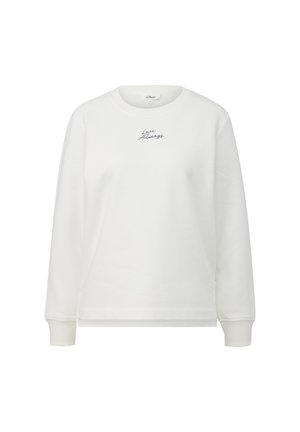 Sweat-shirt blanc à manches longues avec poignets côtelés et texte brodé "Love Always" en petite écriture noire sur la poitrine.