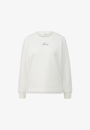 Weißes Sweatshirt mit langen Ärmeln, gerippten Bündchen und dem Schriftzug "Love Always" in kleiner schwarzer Schrift auf der Brust gestickt.