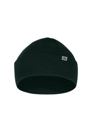 Bonnet en tricot noir avec un revers plié et une petite étiquette rectangulaire avec un logo sur le côté.
