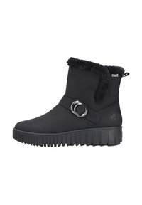 Zwarte enkelboots van suède met een faux fur manchet, een decoratieve band met een zilveren ring en een gestructureerde rubberen zool.