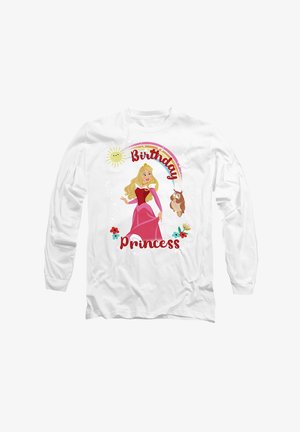 Long-sleeve white shirt featuring a princess illustration, pink dress, sun, rainbow, "Birthday Princess" text, and floral accents.