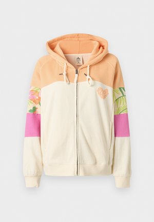 Hanorac cu glugă și fermoar, cu partea superioară piersicie, corp crem, mâneci în dungi florale și roz, buzunare frontale și broderie cu inimă pe piept.