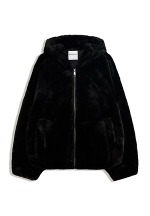Black faux fur jacket with a zip front, hood, and side pockets. Features a smooth texture and relaxed fit for comfort.