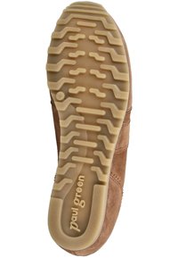 Brown suede shoe sole with textured rubber tread, size 4 marked, and "paul green" logo embossed on the sole.