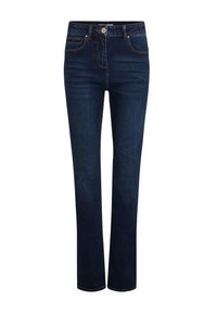 Vaqueros de denim azul oscuro con corte recto, cinco bolsillos, pasadores para cinturón y costura naranja de contraste. Cierre clásico con botón y cremallera.