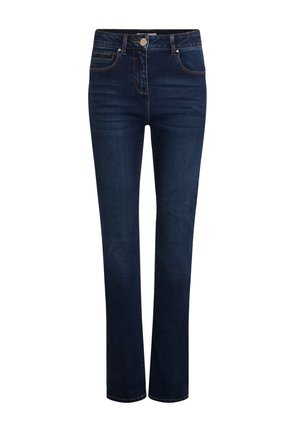 Dunkelblaue Denimjeans mit geradem Bein, fünf Taschen, Gürtelschlaufen und kontrastierenden orangefarbenen Nähten. Klassischer Knopf- und Reißverschluss.