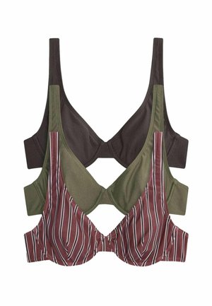 Three women's underwire bras stacked; top is dark brown ribbed, middle solid olive green, bottom brown with white vertical stripes.