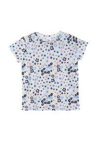 Kurzarm-T-Shirt mit hellblauem Hintergrund, das mit einem floralen Muster in Pink, Gelb und Schwarz versehen ist. Aus weichem Baumwollmaterial, mit Rundhalsausschnitt.