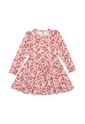 Langærmet pink kjole med en udvidet nederdel, med et gennemgående rødt og brunt blomsterprint.