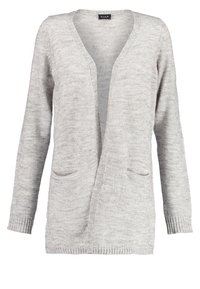 Světle šedý cardigan s hlubokým výstřihem do V, dlouhými rukávy, žebrovanými manžetami a dvěma předními kapsami. Pletená textura s měkkým, neformálním designem.