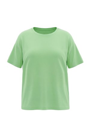 Hellgrünes T-Shirt mit kurzen Ärmeln und Rundhalsausschnitt, locker geschnitten, vor weißem Hintergrund präsentiert.