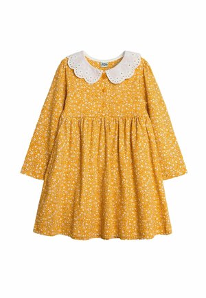 Gelbes Langarmkleid mit einem weißen gewellten Kragen, floralem Muster, Knopfverschluss und gerafftem Rockdesign.