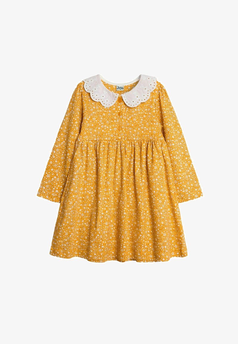 Dzeltena garās piedurknes kleita ar baltu viļņotu apkakli, ziedu rakstu, pogu aizdari un savākta svārku dizainu.