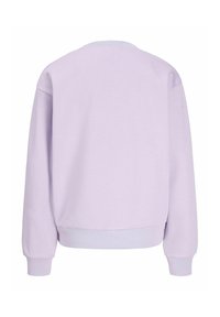 Lilac sweatshirt with a round neck, ribbed cuffs, and hem. Soft material, relaxed fit, and no visible branding or patterns.
