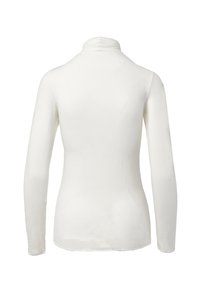 Maglietta a maniche lunghe con collo alto in bianco, realizzata in tessuto liscio e elasticizzato. Presenta un design aderente e un collo alto, delicatamente arricciato.