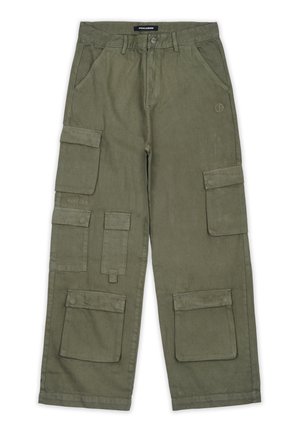Olijfgroene cargobroek van zacht materiaal met meerdere zakken, een rechte snit en gestikte details. Merkl logo op de tailleband.