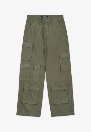 Olijfgroene cargobroek van zacht materiaal met meerdere zakken, een rechte snit en gestikte details. Merkl logo op de tailleband.