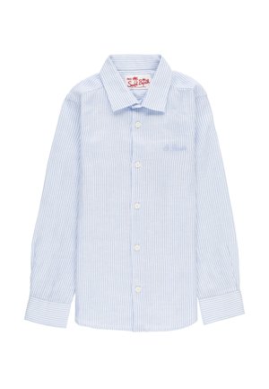 Camicia a maniche lunghe con bottoni, righe verticali azzurro chiaro e bianche, colletto classico e logo del marchio ricamato sul petto.