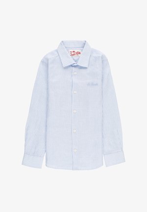 Camicia a maniche lunghe con bottoni, righe verticali azzurro chiaro e bianche, colletto classico e logo del marchio ricamato sul petto.