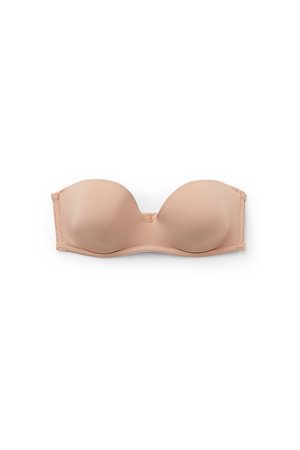 Sutien sin tirantes con relleno color nude, con copas suaves y aros, diseñado para ofrecer soporte y uso sin costuras bajo la ropa.