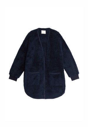 Cardigan scaldato blu navy realizzato in materiale peloso, dotato di maniche lunghe, due tasche frontali e polsini a coste. Superficie morbida e testurizzata.