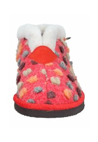 Red slipper with multicolored felt dots, white fuzzy interior lining, and black sole, shown from front view.