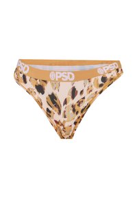Bas de bikini imprimé animal jaune et marron avec une ceinture unie moutarde avec des logos PSD blancs.