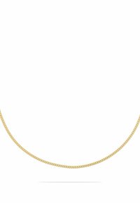 Guldkedja med en slät, rund länkdesign. Har en polerad yta och lås för säker fastsättning.