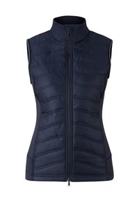 Marineblauw mouwloos vest met een hoge kraag, gevoerde body, horizontaal doorgestikt ontwerp en een voorrits met een metalen trekker.