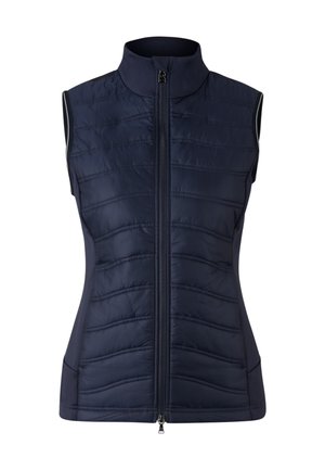 Tmavě modrá vesta bez rukávů s vysokým límcem, prošívaným tělem s vodorovným vzorem a předním zipem s kovovým jezdcem.